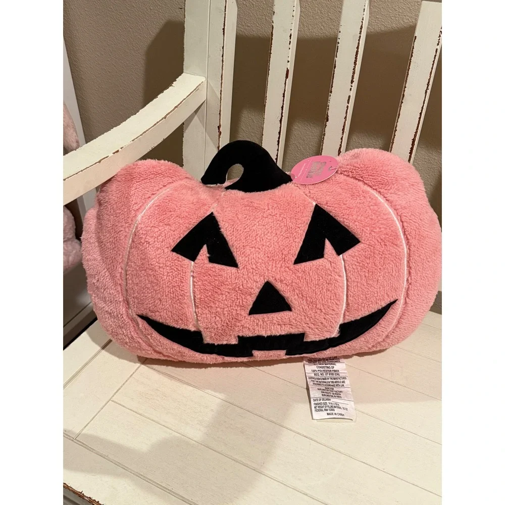 Spooky Nights Pink Sherpa Pumpkin Decorative Pillow Halloween Jack-O-Lantern 18